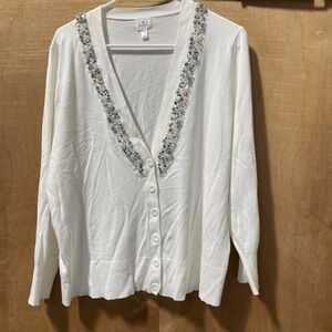 Dressbarn Ivory Beaded Cardigan 1X V Neckline Button Down RN 108357